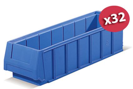 Carton de 32 bacs tiroirs plastique Multibox bleu L.120 x P.400 mm