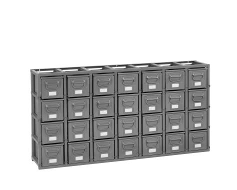 Rack de rangement 28 postes avec caisses m?talliques vernies 12 litres