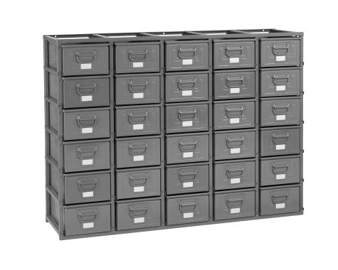 Rack de rangement 30 postes avec caisses m?talliques vernies 27 litres