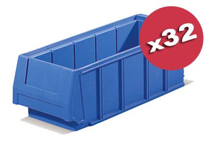 Carton de 32 bacs tiroirs plastique Multibox bleu L.120 x P.300 mm