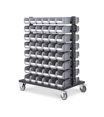 Chariot porte-bacs avec 96 bacs gris plastique 3.8 litres