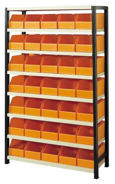 Rayonnage picking avec 35 bacs plastiques oranges 10.5 L