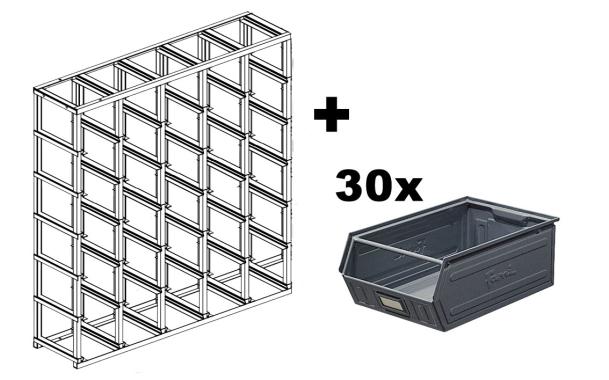 Rack de rangement 30 postes avec bacs m?talliques vernis 28 litres