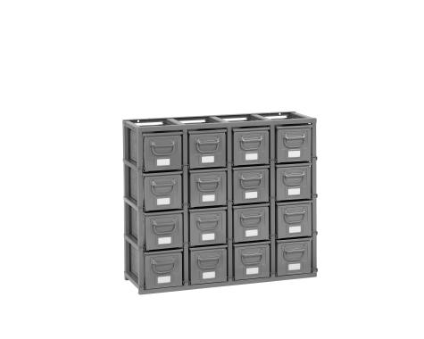 Rack de rangement 16 postes avec caisses m?talliques vernies 12 litres