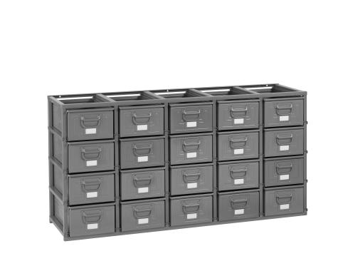 Rack de rangement 20 postes avec caisses m?talliques vernies 27 litres