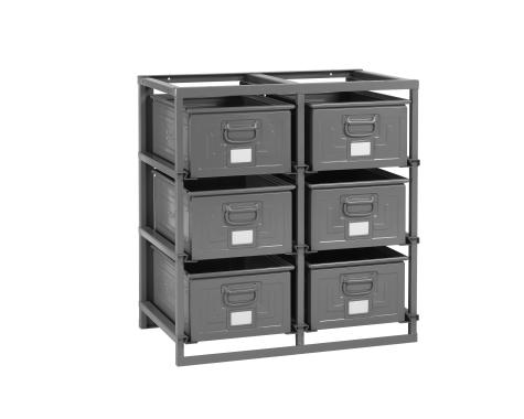 Rack de rangement 6 postes avec caisses m?talliques vernies 85 litres