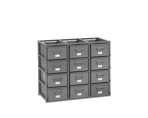 Rack de rangement 12 postes avec caisses m?talliques vernies 27 litres