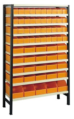 Rayonnage picking avec 65 bacs plastiques orange