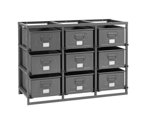 Rack de rangement 9 postes avec caisses m?talliques vernies 85 litres