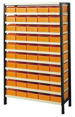 Rayonnage picking avec 50 bacs plastiques oranges 7L